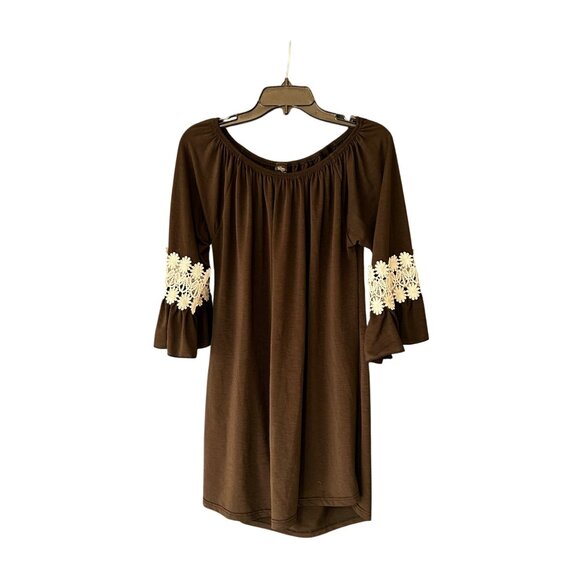 Winwin Womens Brown Ruffle Sleeve Tunic With White Lace Accent Size XL #F-6-21-0 - Picture 1 of 6